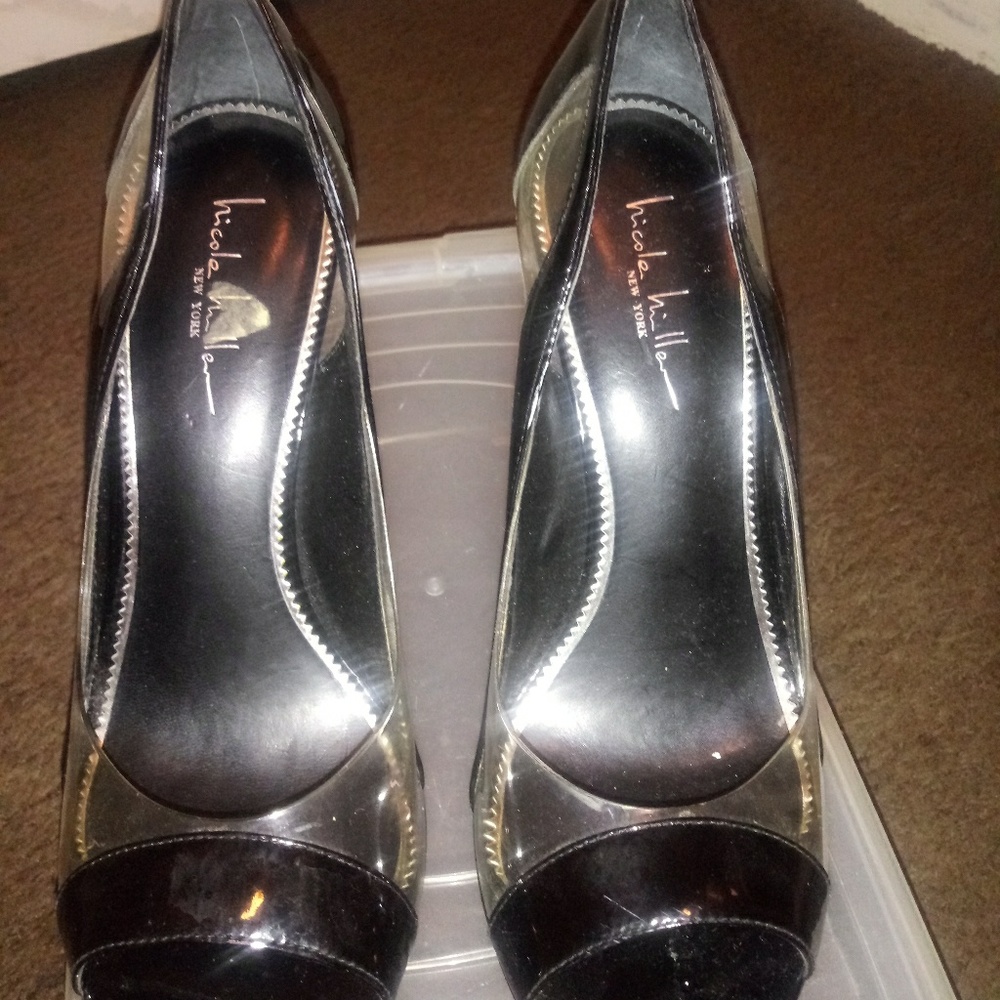 Clear n black peep toe pumps by Nicole Miller